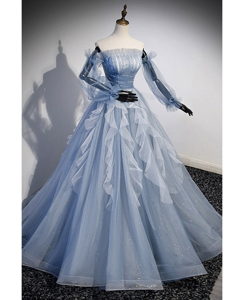 Dolce ed elegante abito da ballo a maniche lunghe con spalle scoperte, paillettes blu cielo, stile principessa/a trapezio, senza spalline, schiena scoperta, spalline e lunghezza al suolo.